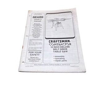 Craftsman Table Saw Manual 113.299510 Contractor 10 Inch Deluxe Belt Drive